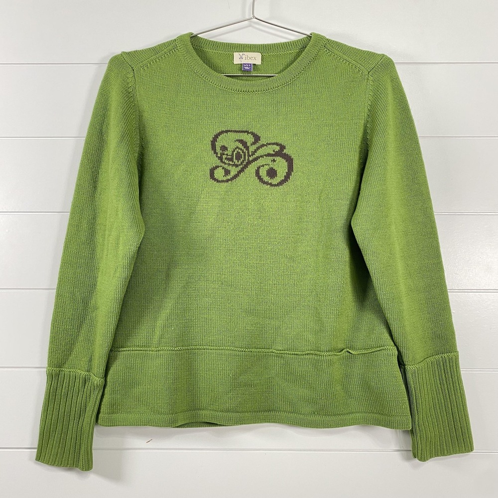 Ibex Sweater Womens Large Green 100% Merino Wool Logo Knit Pullover Crewneck